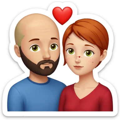 Couple. Bald man with dark brown-black beard. Woman with many small, faded, round freckles, white skin and she has auburn-yellow-brown dark hair. She has light yellow-brown-green eyes. He have hazel-blue eyes. They look at each other. Many small red hearts around them. sticker