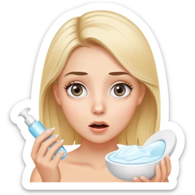 blonde girl with grey eyes doing skincare with surprised face sticker