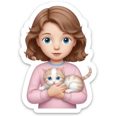 A little girl with wavy light brown hair and blue eyes and pale pink clothes holds a white kitten sticker