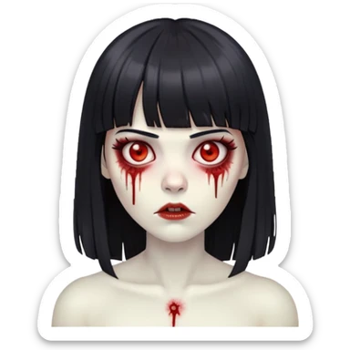 Mulher zumbi com cabelo preto liso e com franja e olhos vermelhos  sticker