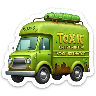 Heroic  SuperBug Ron’s toxic slime-oozing exterminator antique tall moving van hot rod(motto: We come You pay) sticker