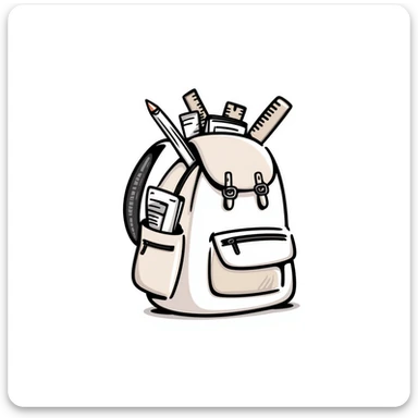 a backpack with pockets, zippers, and straps, containing school supplies like notebooks, pencils, and rulers peeking out, in pastel colors dd9fb0, ffc6d3, a3bfc9, c4bee2, f1b091, detailed hand-drawn doodle style sticker