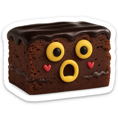 Make the chocolate brownie shorter and more rectangular, with darker chocolate sauce on top. Change the face to a shocked expression with both eyes black instead of smiling. Keep the background transparent. The original style is 3D emoji style, please maintain the 3D emoji look in the edit. sticker