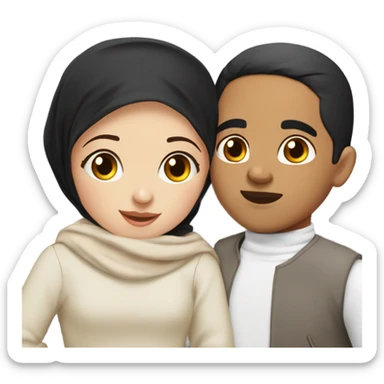 Brunette Hijab Girl with long lashes and red cheeks kiss a boy with black hair with boxer cut  sticker