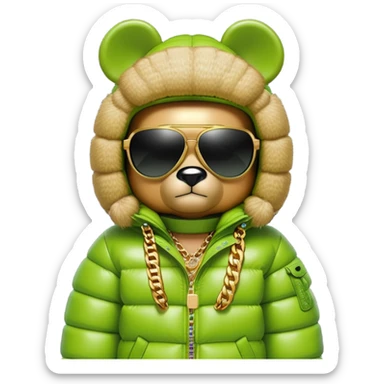 classic bearbrick wearing lime green mask with logo tags, oversized puffy down jacket with lavish fur hood, single-lens visor sunglasses, stacked gold chains, streetwear fashion icon sticker