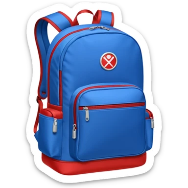blue backpack with two diveded logo (leftside white, right side red) at the bottom pocket

 sticker