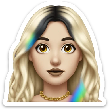 Hyperrealistic white girl with blue eyes and long black hair with rainbow fringe. Wearing gold chain necklace has dark eye makeup on her eyes sticker