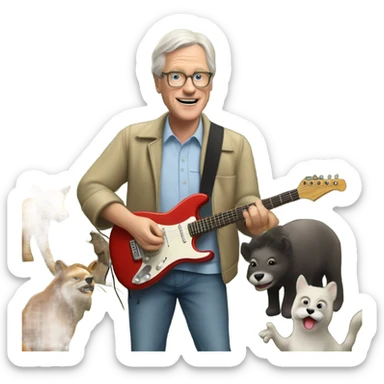 60 year old white man with a van dyke playing electric guitar in a forest with animals watching sticker