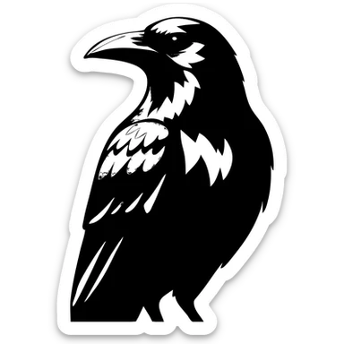 Make the crow larger with more light and shadow contrast. Use different shades of gray to create volume. Style should be vector illustration with no gradients, only clear fills and highlights, crisp and clean lines. sticker