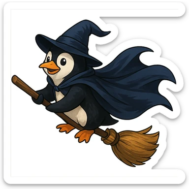 penguin wizard flying on a broomstick, cloak fluttering sticker