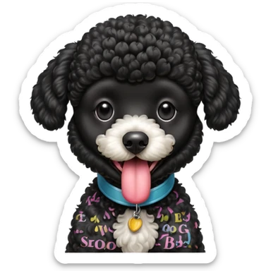 A high-resolution square-format digital illustration of a black poodle in a clean, semi-realistic style. The poodle is shown from the chest up, facing forward with a slight tilt of the head to the left, tongue out playfully. sticker