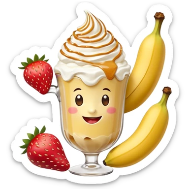 Coffee with caramel, whipped cream, one big  pealed banana sticking out of it with two strawberry’s sticking out of the base of the banana with whipped cream and caramel on the tip of the banana in a happy face on the glass with a wink sticker