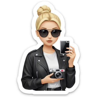 Blonde white girl with film camera wearing blackout sunglasses where you can’t see her eyes with a high bun. She’s wearing a white t shirt and a black baggy leather jacket  sticker