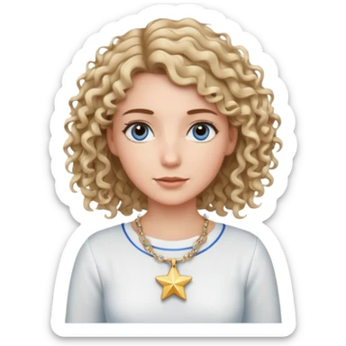Very white woman, with blue/grey eyes, straight brown hair that is a little bit blonde and the tips are curly, cute white outfit, star neckless sticker