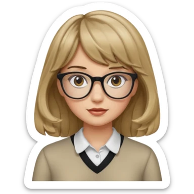 Uma garota de cabelo ondulado loiro escuro,mas com franja lisa e olhos pretos,usa óculos e a cor de pele branca,e o cabelo na cintura sticker