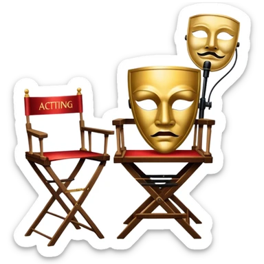 Icon for Acting: a theatrical mask, stage lights, a director’s chair, and a script, representing the craft of acting in theater. The design should reflect creativity, performance, and the art of storytelling on stage. Transparent background. sticker