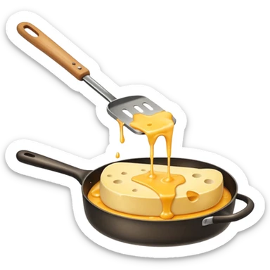 Emoji of raclette cheese being scraped with a metal spatula, melted cheese flowing, warm golden colors, modern emoji style, clean outlines, transparent background sticker