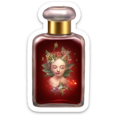 Dark red magic fairy light sparkling old Antique oil perfume bottle with herbal and flowers sticker