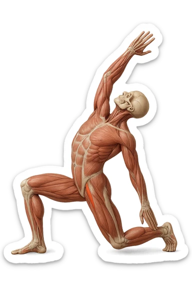 corpo umano anatomico realistico che fa stretching allungando il muscolo PSOAS, isolato su sfondo bianco sticker