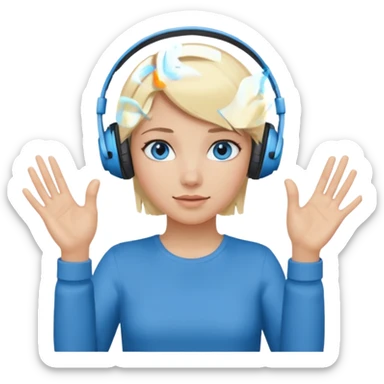 girl with blonde and middle short hair and blue eys with heands telling what, having heaphones on head,  sticker