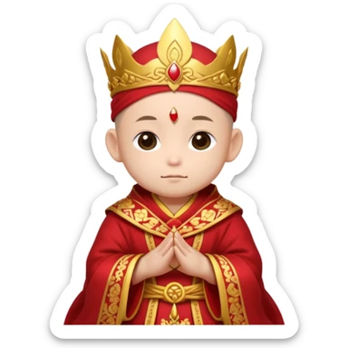A small chibi-style monk character with red ceremonial robe with layered fabric and decorative gold-like patterns and an ornate red monk crown shaped like lotus petals.

 sticker