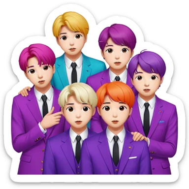 Cinematic Realistic group portrait of BTS featuring all 7 members in stylish modern attire, with detailed facial expressions and vibrant colors, captured in dynamic, contemporary lighting that emphasizes their global pop icon status sticker