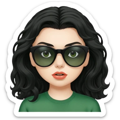 current charli xcx with her long black wavy hair, thick black sunglasses, pale skin, and a green top that said brat in the brat font. sticker