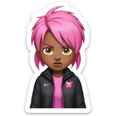 angry emoji with steam coming out of nose, pink hair, wearing black Nike jacket, dark skin tone sticker