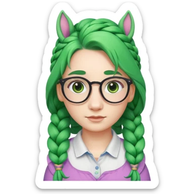 braided unicorn wiith big visible braids looking into the camera spectacled green hair and no ears sticker