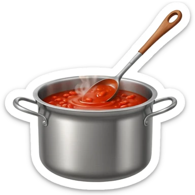 Big cauldron of tomato sauce being cooked in a tall stainless steel pot with a massive wooden spoon   sticker