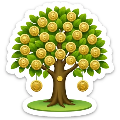 Apple-style money tree (not so mush coins), round soft green canopy.
No pot, no ground — only the tree.
Small gold coins as fruits inside the leaves (not below).
Flat 2D vector, clean shapes, no gradients.
Dark near-black background, premium fintech icon. sticker