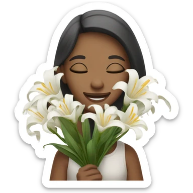 a closed- eyes girl holding a bunch of white lily smiling sticker