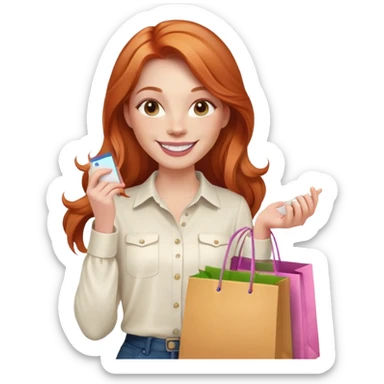 Shopping ginger woman smiling pink cheeks long hair holding bags cream shirt sticker