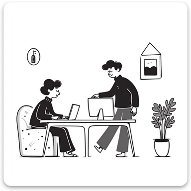 escenary 3d of a cozy mid-century living room with two people working on laptops, one man standing at a desk and one woman sitting on a couch, two walls and floor visible sticker