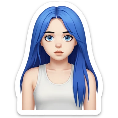 billie eilish long black hair blue eyes dark eyeliner makeup, wearing white singlet sticker