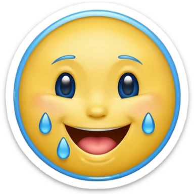 Emoji, yellow round laughing face, blue tears of joy sticker