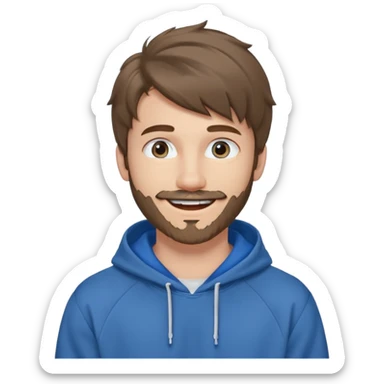 20 year old man, short scruffy beard and thin moustache, brown puffy mullet, blue eyes, big smile, white teeth, big lips, pronounced jaw, hair longer in back, sticking up on top, thin face, grey hooded sweatshirt, pale skin, big smile, blue eyes, puffy hair that is long in back, blue eyes sticker