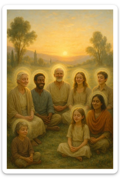 a diverse group of people of different ages and backgrounds sit together in a peaceful natural setting at sunrise, each with serene, joyful expressions. Subtle auras or soft light halos surround them, symbolizing spiritual awakening and inner harmony. The background features gentle hills, trees, and a glowing sky, evoking unity and connection. realistica italiano sticker