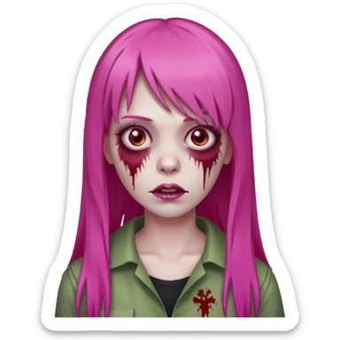 Create a female zombie emoji with long, straight hair in hot pink and bangs. sticker