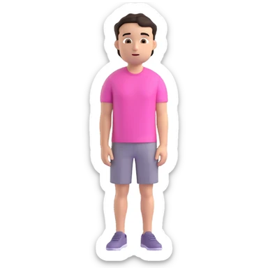 young man with short dark hair, pink t-shirt, neutral facial expression, Microsoft Fluent 3D emoji style sticker