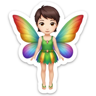 fairy with brown eyes pixie dark haircut chestnut color with rainbow wings full length sticker
