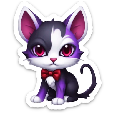 Cute-Evil-Vampiric-Batty-Cat-Black-Purple-Red-White-Contrast-Colors-Fantasy-Fur-Sona-Chibi-Shiny-Fakémon-Hybrid with horns and big fangs neck bow white tie leg spats full body sticker