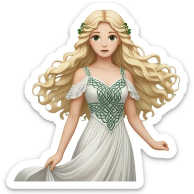 A blonde woman with long wavy hair, wearing a white flowing dress with intricate Celtic patterns, standing in a misty forest, detailed sticker