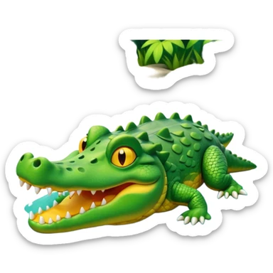 A cute 3D cartoon crocodile resting on a riverbank, part of its body in the water. Smooth rounded design, bright colors, soft lighting, friendly expression, Memoji-style realism. sticker