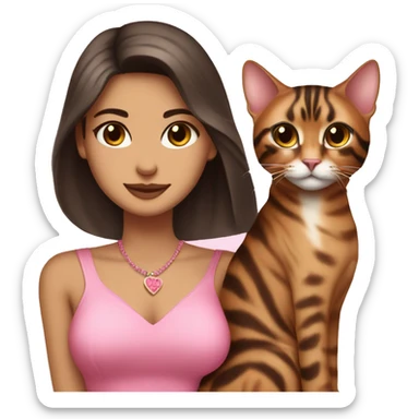 Beautiful skinny woman long dark brown hair in pink dress hug bengal cat sticker