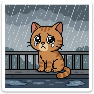 A cartoon-style sad cat on a balcony, watching the rain fall outside, with puddles forming. sticker