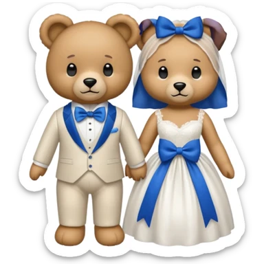 Teddy bear wearing white wedding dress holding the hand to another teddy bear wearing a big royal blue bow tie sticker