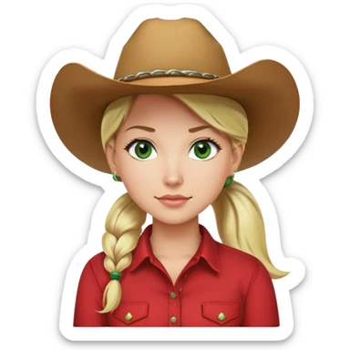 woman red shirt cowboy hat green eyes blonde hair with a ponytail resting on the right shoulder sticker