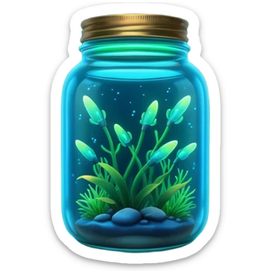 3D render of Firefly Jar, bioluminescent deep sea style, glowing neon blue and green lights, dark background to contrast the glow, translucent organic textures. sticker