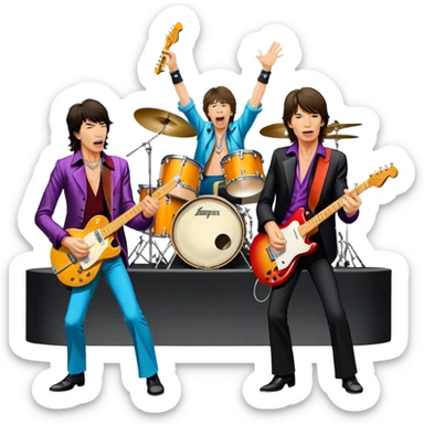Icon for Rock Music: The Rolling Stones live on stage with Mick Jagger performing vocals, Keith Richards playing guitar, and Charlie Watts on drums. Iconic stage lights, electric guitars, and energetic crowd. Transparent background. sticker